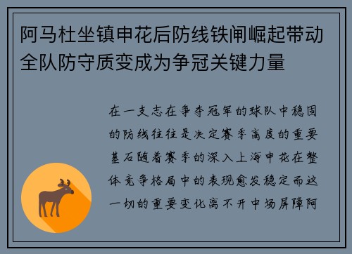 阿马杜坐镇申花后防线铁闸崛起带动全队防守质变成为争冠关键力量 阿马杜坐镇申花后防线铁闸崛起带动全队防守质变成为争冠关键力量
